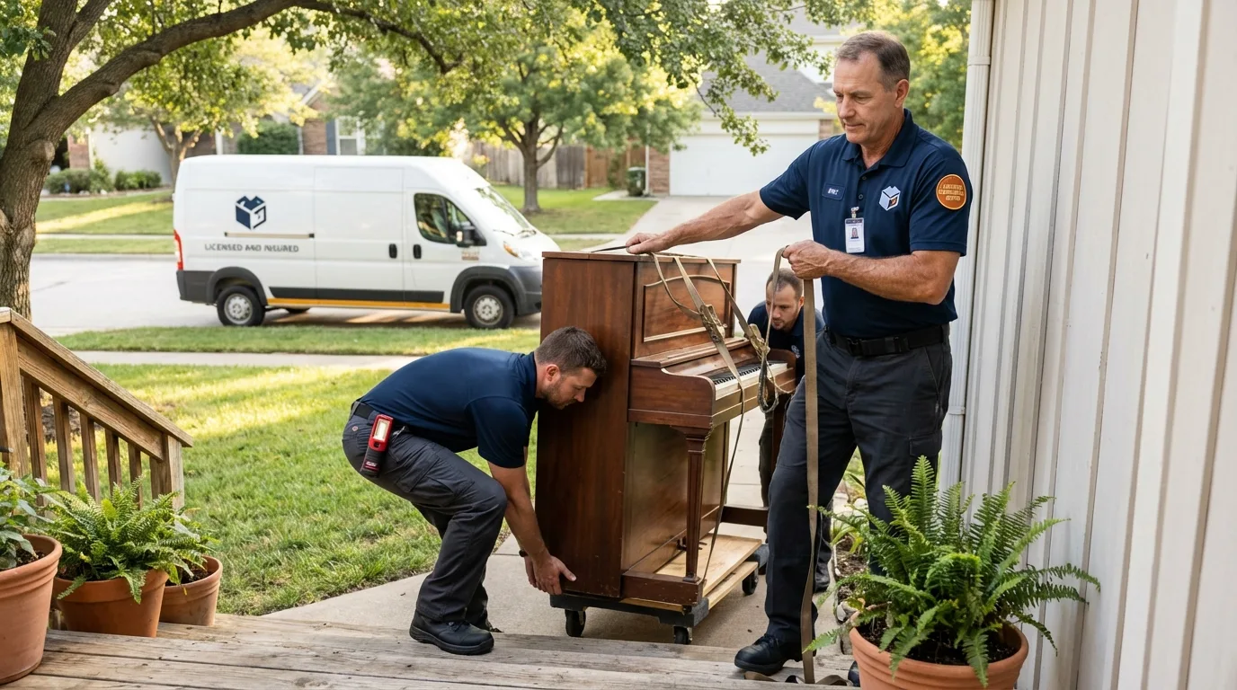 Licensed piano movers securing grand piano in Beaver Dam, WI