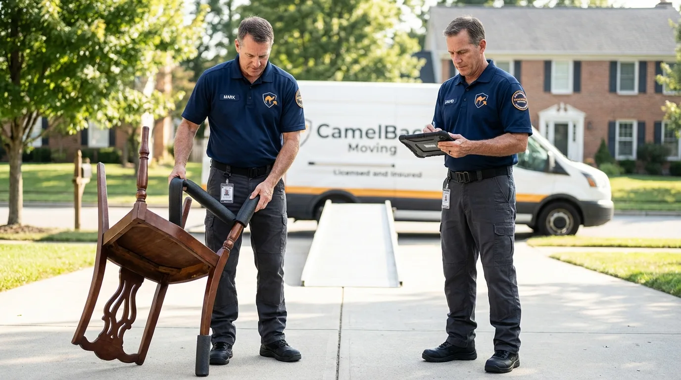 Movers inspecting furniture for damage prevention before loading in Beaver Dam, WI