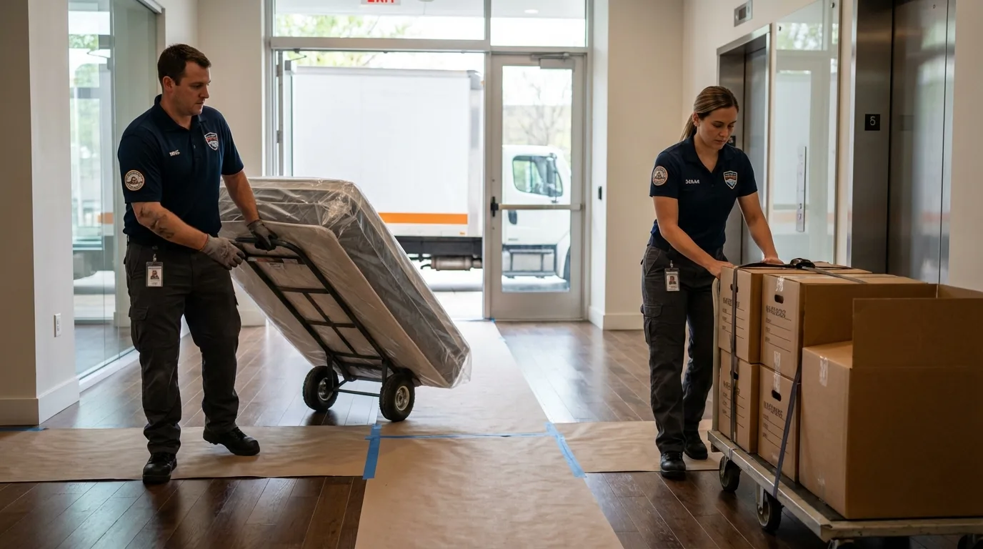 Professional apartment movers loading elevator in Beaver Dam, WI